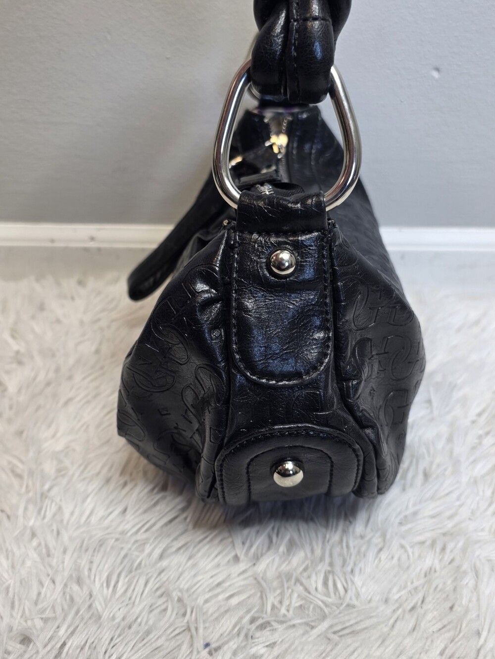 GUESS Black Monogram Embossed Hobo Shoulder Bag - Silver GG Hardware - Picture 4 of 9